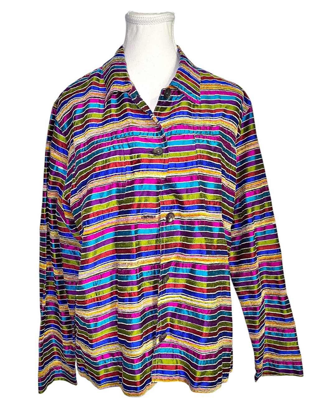 Vibrant Jewel Tone Striped Button Down Jacket | Textured Woven Bohemian Shacket